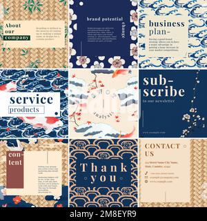 Japanese pattern business editable social media template vector set Stock Vector