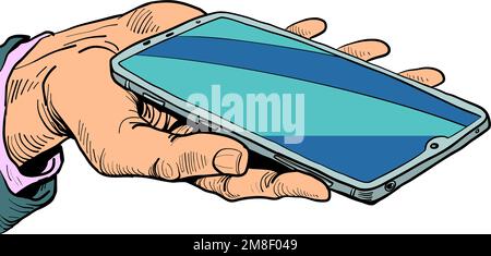 Technology is in our hands. Smartphone control. Phone in hand. Business man holding a smartphone. Stock Vector