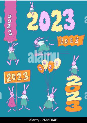 Hares meet 2023. next to each other. The Balloon Hare is descending. standing sitting lowering . The hare is moving forward showing. Stock Vector