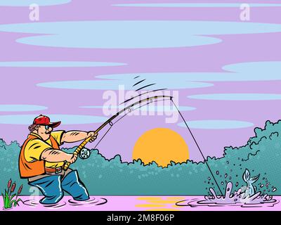 a male fisherman pulls a fish, a successful bite, a rest in nature by the water Stock Vector