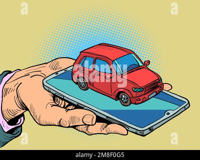 Technology is in our hands. Smartphone control. Phone in hand. Business man holding a smartphone. Car control on your phone. Red car. Stock Vector