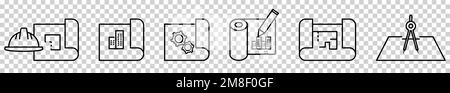 Set of architectural drawing icons. Design can use for web and mobile app.  Vector illustration isolated on transparent background Stock Vector