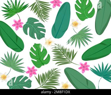 Summer vector design. Tropical season leaves and flowers elements for wallpaper and clip art background. Vector illustration summer pattern collection Stock Vector