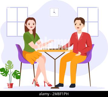 Chess Board Game Illustration with People Sitting Opposite and Playing for Web Banner or Landing Page in Cartoon Hand Drawn Templates Illustration Stock Vector