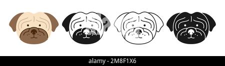 Dog pug faces cartoon character set. Cute puppy childish kawaii head symbol muzzle, line doodle, icon or silhouette. Smiling funny doggy pet baby, comic animal print flat sticker template vector Stock Vector