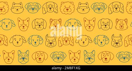Dog faces doodle seamless pattern. Smiling funny childish doggy pet, baby comic flat endless ornament. Cute puppy kawaii cartoon head muzzle repeat wrapper. Wallpaper template for kid design Stock Vector