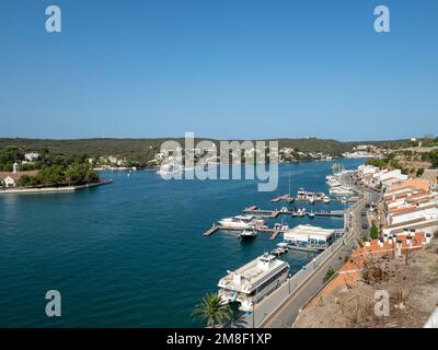 Port de Mao, view of the harbor from Parc Rochina, Claustre del Carme in the background, incoming ferry, Mahon, Menorca, Balearic Islands, Spain Stock Photo