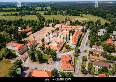 Aerial of the Unesco site, Landscape for Breeding and Training of Ceremonial Carriage Horses at Kladruby nad Labem, Czech Republic Stock Photo