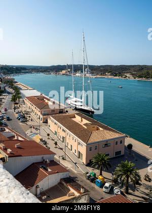 Port de Mao, view of the harbor from Parc Rochina, Claustre del Carme in the background, incoming ferry, Mahon, Menorca, Balearic Islands, Spain Stock Photo