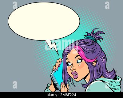 A young woman speaks on the phone. Smartphone in hand. Modern gadgets, mobile communication, internet Stock Vector