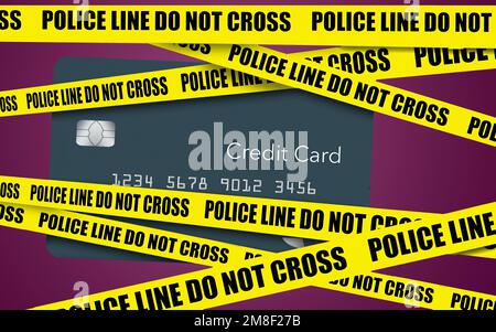 Yellow crime scene tape is seen covering a generic credit card on a white background. This is a 3-d illustration about stolen credit cards or credit c Stock Photo