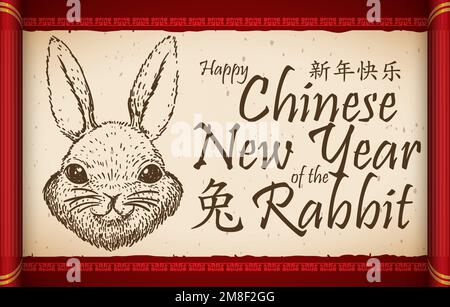 Unrolled horizontal scroll with bunny head in hand drawn style, and greeting message for a happy Chinese New Year of the Rabbit (written in Chinese). Stock Vector