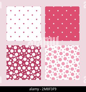 Abstract polka dot seamless patterns set vector illustration in bright vibrant magenta shades color, repeat ornament for textile, fabric, cute home decor Stock Vector