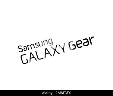 Samsung Galaxy Gear, Rotated Logo, White Background Stock Photo