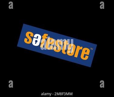 Safestore, rotated logo, black background B Stock Photo