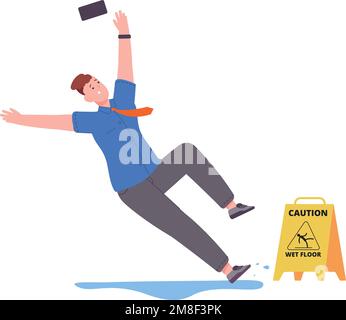 Young man slipping on wet floor. Person falling down accident isolated on white background Stock Vector