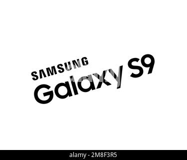 Samsung Galaxy S9, Rotated Logo, White Background Stock Photo