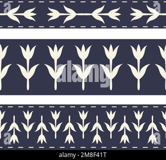 Indigo seamless floral border. Geometric flowers motif, ecru on navy blue background. Textile design. Stock Vector