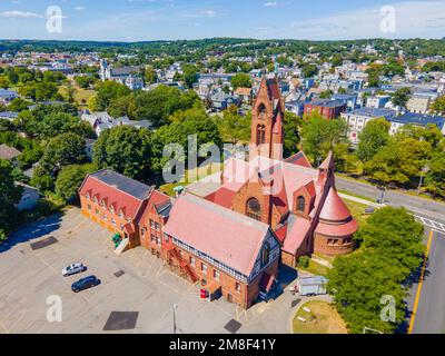 St. Stephen's Memorial Episcopal Church aerial view at 74 S Common Street in historic downtown Lynn, Massachusetts MA, USA. Stock Photo