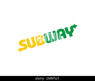 Subway restaurant, rotated logo, white background Stock Photo