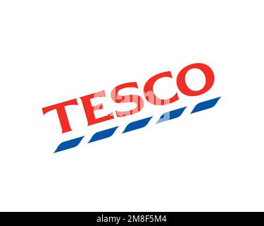 Tesco International operations, rotated logo, white background Stock Photo