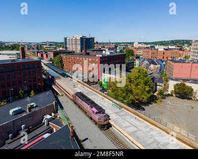 MBTA Commuter Rail stops at Lynn Station in historic downtown Lynn, Massachusetts MA, USA. Stock Photo