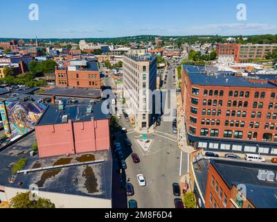 Historic flatiron building aerial view at Willow Street and Central Street in historic downtown Lynn, Massachusetts MA, USA. Stock Photo