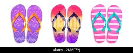 Summer flip flop vector set. Slipper footwear elements with stripes and leaves in colorful design. Vector illustration summer collection. Stock Vector