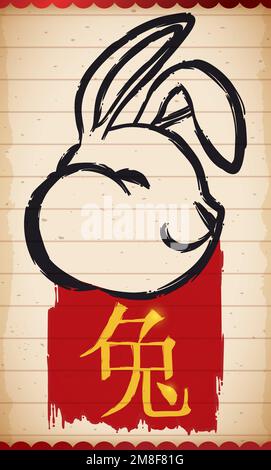 Vertical scroll with drawing of a rabbit head (written in the kanji), and red label in brushstrokes style commemorating this Chinese zodiac animal. Stock Vector