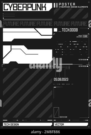 Cyberpunk futuristic poster. Tech cyberpunk design for web and print template. Technology style flyer. Future technology, black and white minimalistic Stock Vector