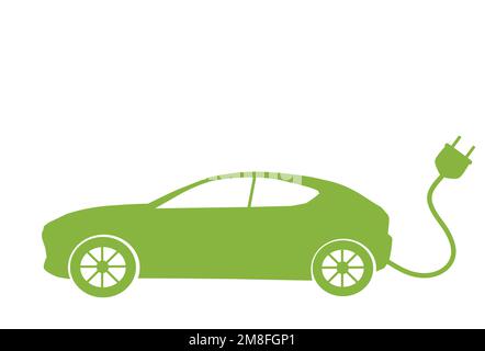 a hybrid car green silhouette with charging cord on white background Stock Vector