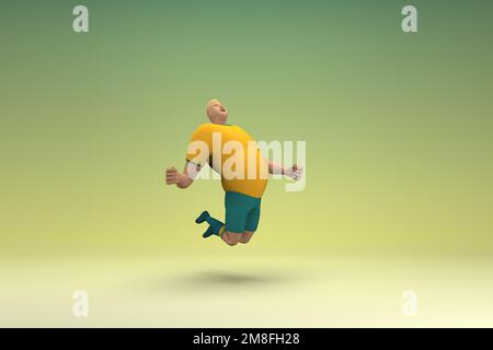 An athlete wearing a yellow shirt and green pants is jumping. 3d rendering of cartoon character in acting. Stock Photo