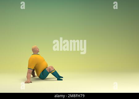 An athlete wearing a yellow shirt and green pants. He is sitting. 3d rendering of cartoon character in acting. Stock Photo