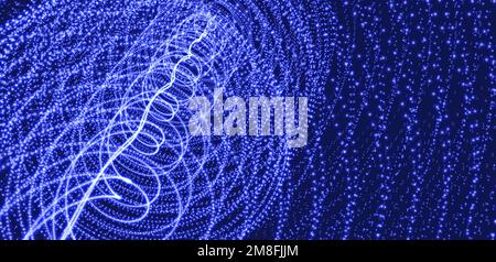 Abstract science or technology background. Array with dynamic particles. Swirl with connected dots and light effect. 3d grid surface. Vector illustrat Stock Vector