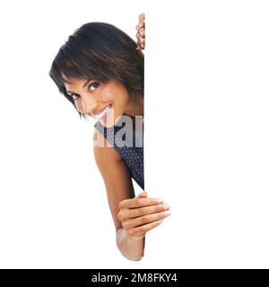 Banner, poster and excited black woman portrait with space, billboard or mockup for advertising brand logo. Female with business announcement, product Stock Photo