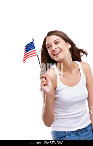 Flag, usa and mockup with a model woman in studio isolated on a white background for her nation. American flag, marketing and advertising with an Stock Photo