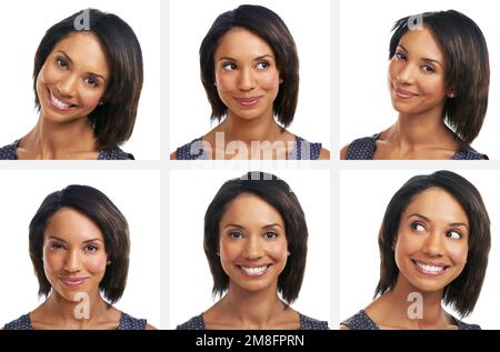 Happy black woman, headshot or collage on isolated white background for emoji or facial expression mosaic. Smile, face or model in composite montage Stock Photo