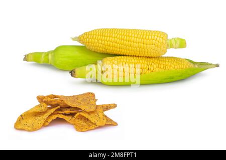Fresh corn and corn chips on isolated white background Stock Photo