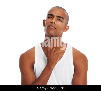 Thinking, idea and black man portrait with inspiration, vision and think attitude. Ideas, imagination and face touching of a young man model with Stock Photo