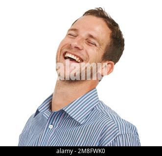 Face, funny and laughing businessman in studio for happy joke, comic and happiness. Smile, comedy and confident worker on white background for crazy Stock Photo
