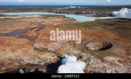 An aerial view of the hot geothermal Gunnuhver Springs on a sunny day in southwest Iceland Stock Photo