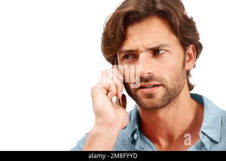Scam phone call, confused and face of businessman on a white background for talking, discussion and communication. A spam, network and entrepreneur Stock Photo