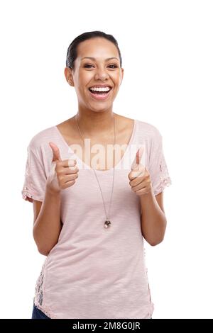 Portrait, thumbs up and motivation with a model black woman in studio isolated on a white background. Emoji, hands and support with a young female Stock Photo