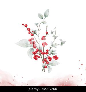 watercolor bouquet of berries branches on splash stain background. elements suitable for decorative Christmas festivals, Winter, New year invitations, Stock Vector