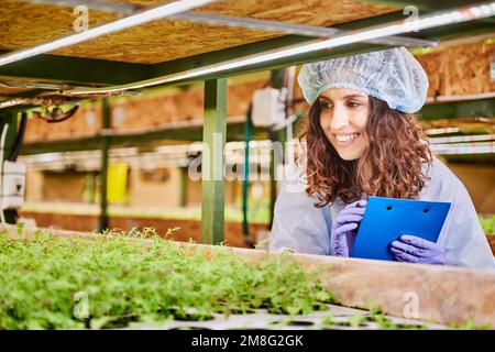 Female agricultural scientist studying plant growth and taking notes in greenhouse. Cheerful woman gardener looking at seedlings and smiling while holding clipboard. Stock Photo