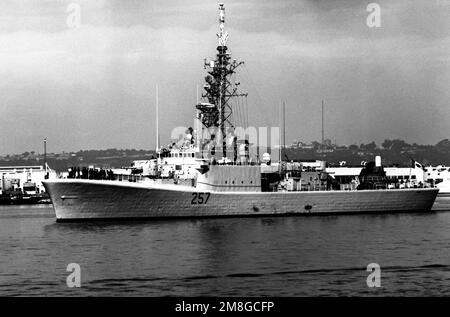 A port beam view of the Canadian frigate HMCS RESTIGOUCHE (DD 257). Country: Unknown Stock Photo
