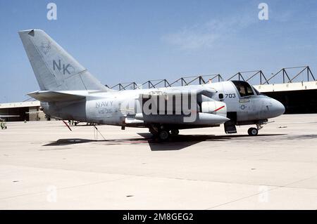 A right side view of an Air Anti-submarine Squadron 35 (VS-35) S-3A Viking aircraft parked on the flight line. Base: Naval Air Station, North Island State: California (CA) Country: United States Of America (USA) Stock Photo