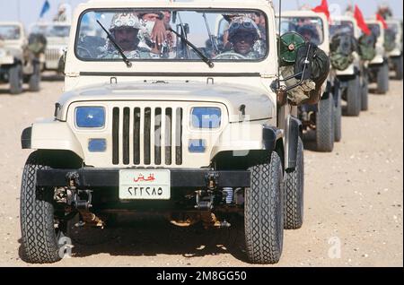 Crews of an Egyptian ranger battalion parade in Jeep light vehicles in a demonstration for visiting dignitaries during Operation Desert Shield.. Subject Operation/Series: DESERT SHIELD Country: Saudi Arabia(SAU) Stock Photo