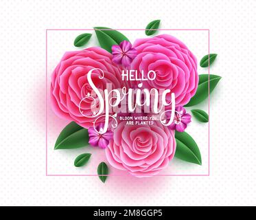 Spring vector background. Hello spring text with rose flower element decoration in frame. Vector illustration spring celebration design. Stock Vector