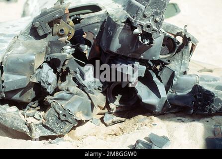 A view of the tail end of a Scud missile shot down by an MIM-104 Patriot tactical air defense missile outside of Riyadh during Operation Desert Storm. Subject Operation/Series: DESERT STORM Country: Saudi Arabia (SAU) Stock Photo